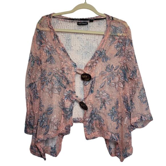 Nina Leonard Cardigan Women XL Pink Blue Mesh Knit Button Boho 3/4 Sleeve - Picture 1 of 7